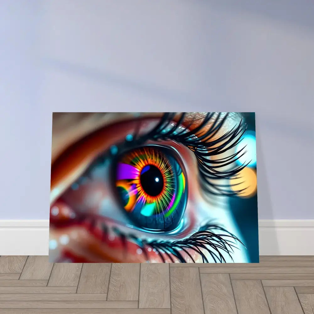 Colorful eye art print on aluminum titled Cosmic Iris Portal of Vision by PixiOnyx