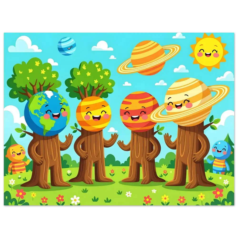 Colorful cartoon planet-headed trees on Aluminum Print Cosmic Tree Friends PixiOnyx Stellar Kids Art