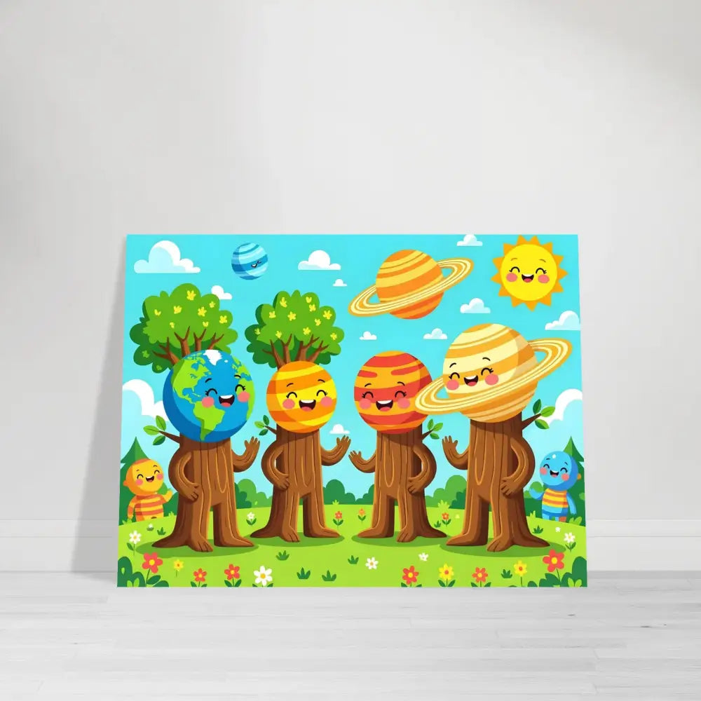 Cartoon planet-themed wall art Aluminum Print Cosmic Tree Friends for Kids Room Decor