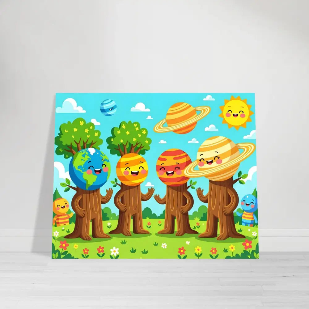 Cartoon planet-themed wall art Aluminum Print Cosmic Tree Friends for Kids Room Decor