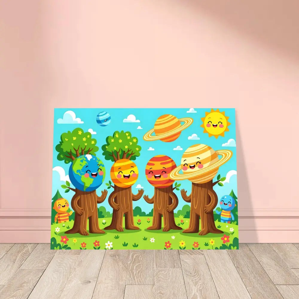 Cartoon planet-themed wall art Aluminum Print Cosmic Tree Friends for Kids Room Decor