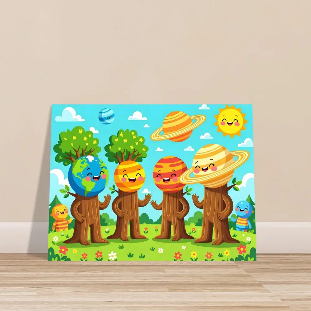 Cartoon planet tree poster on Aluminum Print Cosmic Tree Friends by PixiOnyx Stellar Kids Art