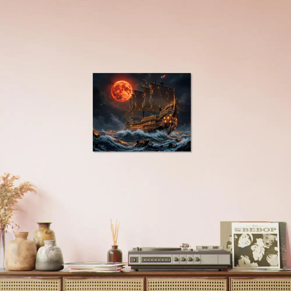 Canvas print of pirate ship on rough seas under blood moon in Crimson Reign spectral armada glows