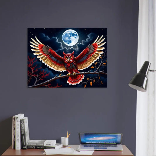 Owl art print on aluminum panel titled Crimson Wings Unfurled by PixiOnyx Celestial Metal