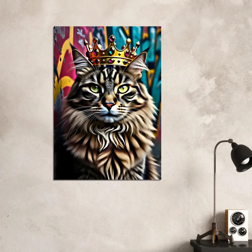 Cat wearing a crown on metallic urban feline aluminum print Crown Meowjesty PixiOnyx