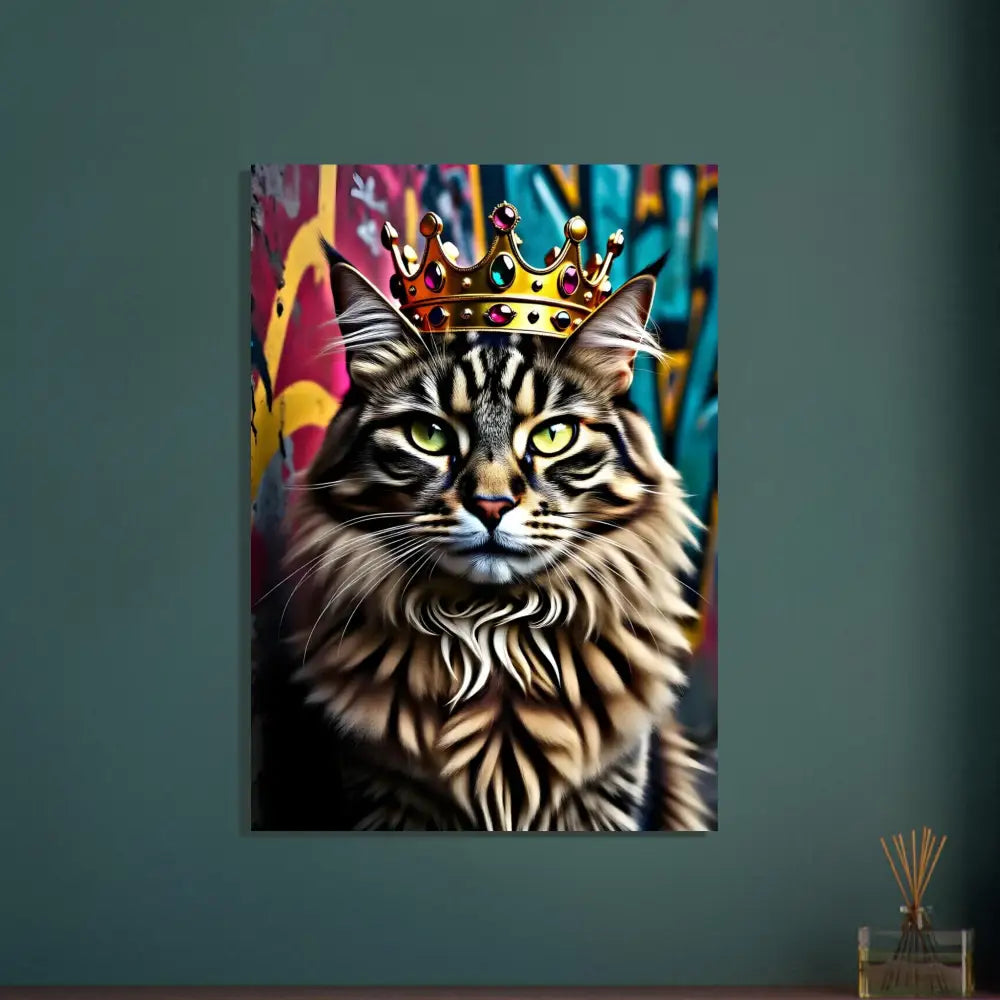Framed cat portrait with crown on aluminum print Crown Meowjesty PixiOnyx Metallic Urban Feline