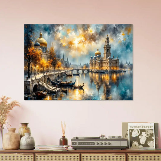 Aluminum Print Echoes of Gold and Sky showcasing elegance meets innovation with radiant riverside fantasy in pixionyx chromatic brilliance