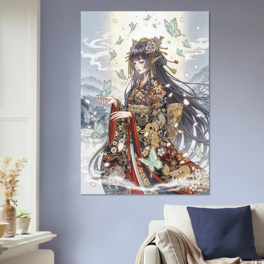 Ethereal Kimono Maiden aluminum print with vibrant colors on durable aluminum panels
