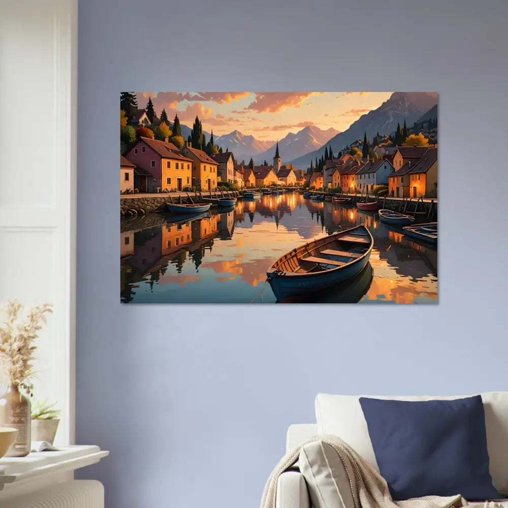 Aluminum print of picturesque village canal scene titled Evening Glow on the Water by PixiOnyx