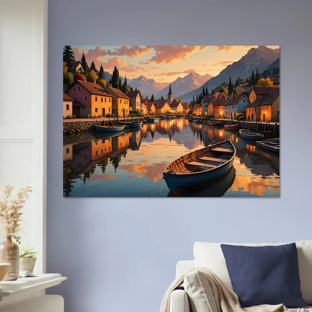 Picturesque village canal scene on luminous aluminum print titled Evening Glow on the Water