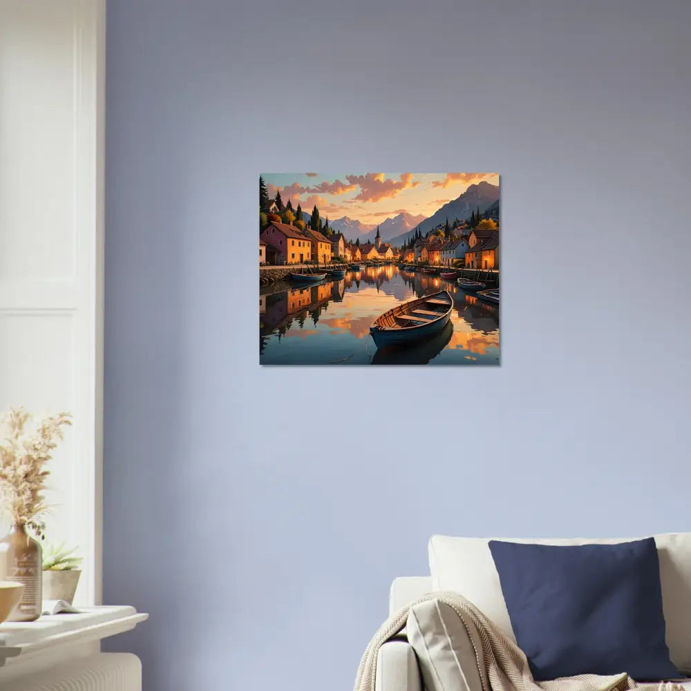 Picturesque waterside village scene displayed on Aluminum Print Evening Glow on the Water PixiOnyx