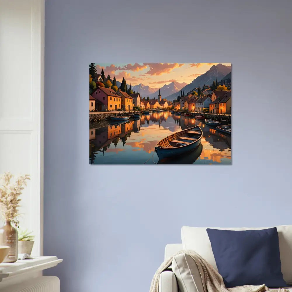 Framed landscape painting of evening glow on water printed on luminous aluminum by PixiOnyx