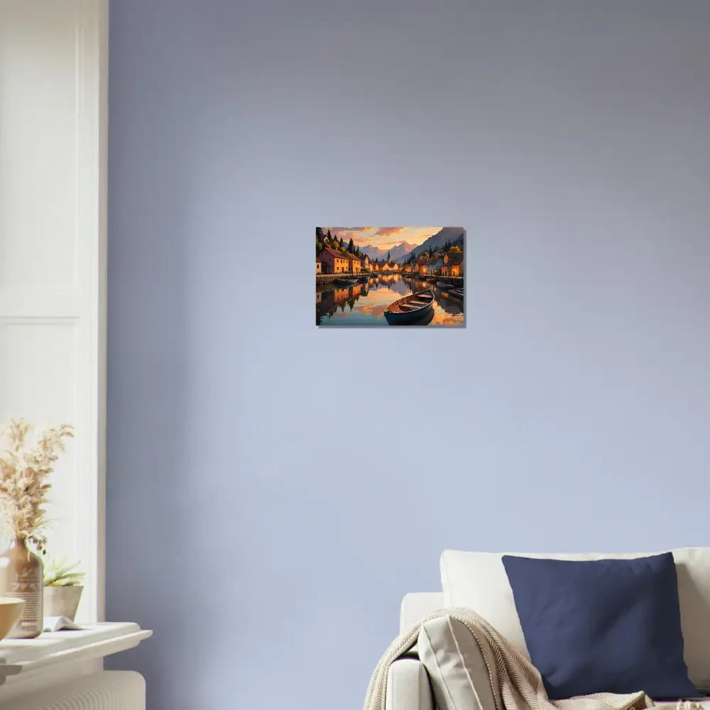 Framed lake scene painting on aluminum print titled Evening Glow on the Water by PixiOnyx