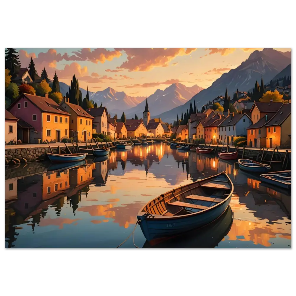 Wooden rowboat depicted in Aluminum Print Evening Glow on the Water by PixiOnyx