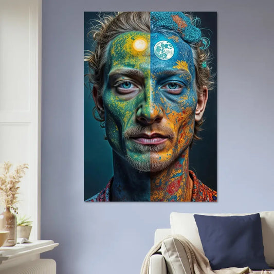 Surreal portrait with Sun and Moon face paint on Metal Art Aluminum Print High-Definition Psychedelic Design