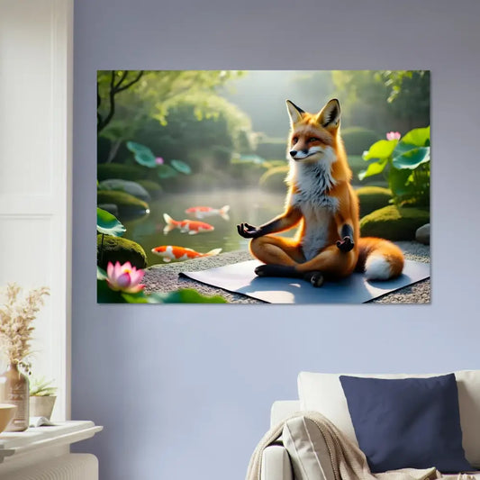 Fox meditating in serene pond setting on Aluminum Print Foxasana PixiOnyx Mirror Calm Series
