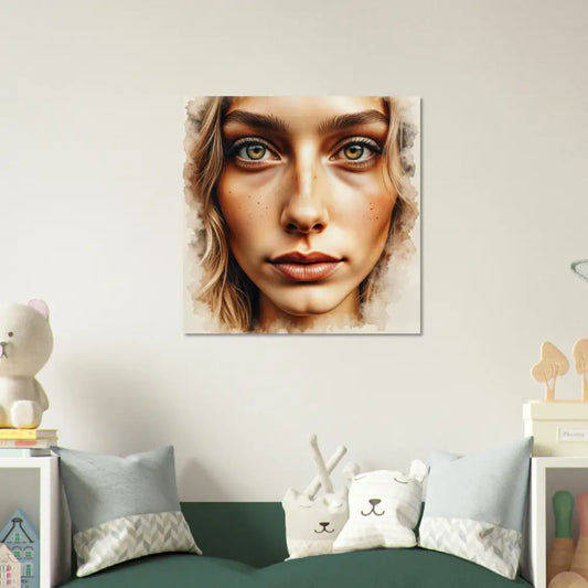 Watercolor-style portrait of a freckled woman with green eyes on high-gloss aluminum panel