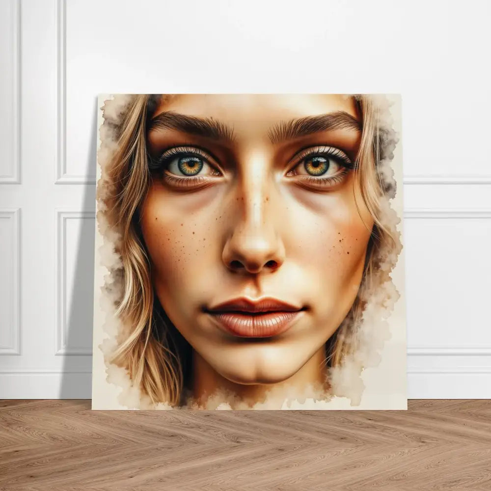 Watercolor portrait of a woman with green eyes and freckles on high-gloss aluminum panel