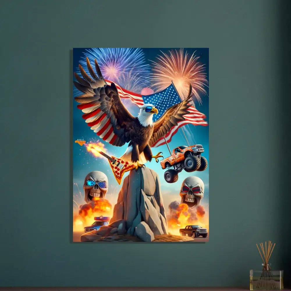 Patriotic eagle rock poster on Aluminum Print from PixiOnyx Metallic Series displayed in product