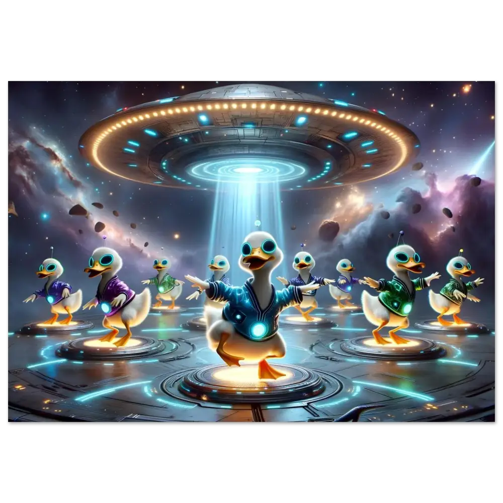Alien duck abduction depicted on Aluminum Print Galactic Dance Crew PixiOnyx Chrome Cosmic Pop