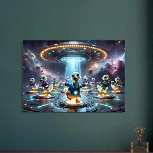 Framed alien duck abduction art on Aluminum Print Galactic Dance Crew cosmic pop design
