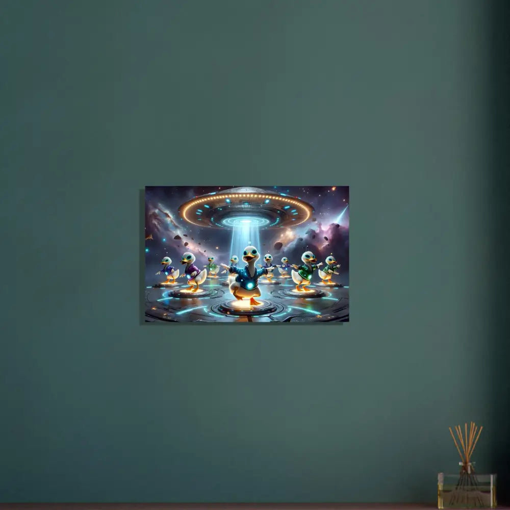 Duck-themed UFO abduction art on Aluminum Print Galactic Dance Crew PixiOnyx Chrome Cosmic Pop
