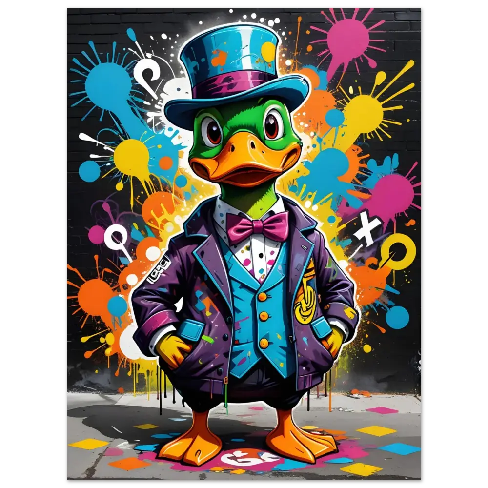 Dapper duck in a suit and top hat on Aluminum Print titled Gangster Duck Swagger PixiOnyx