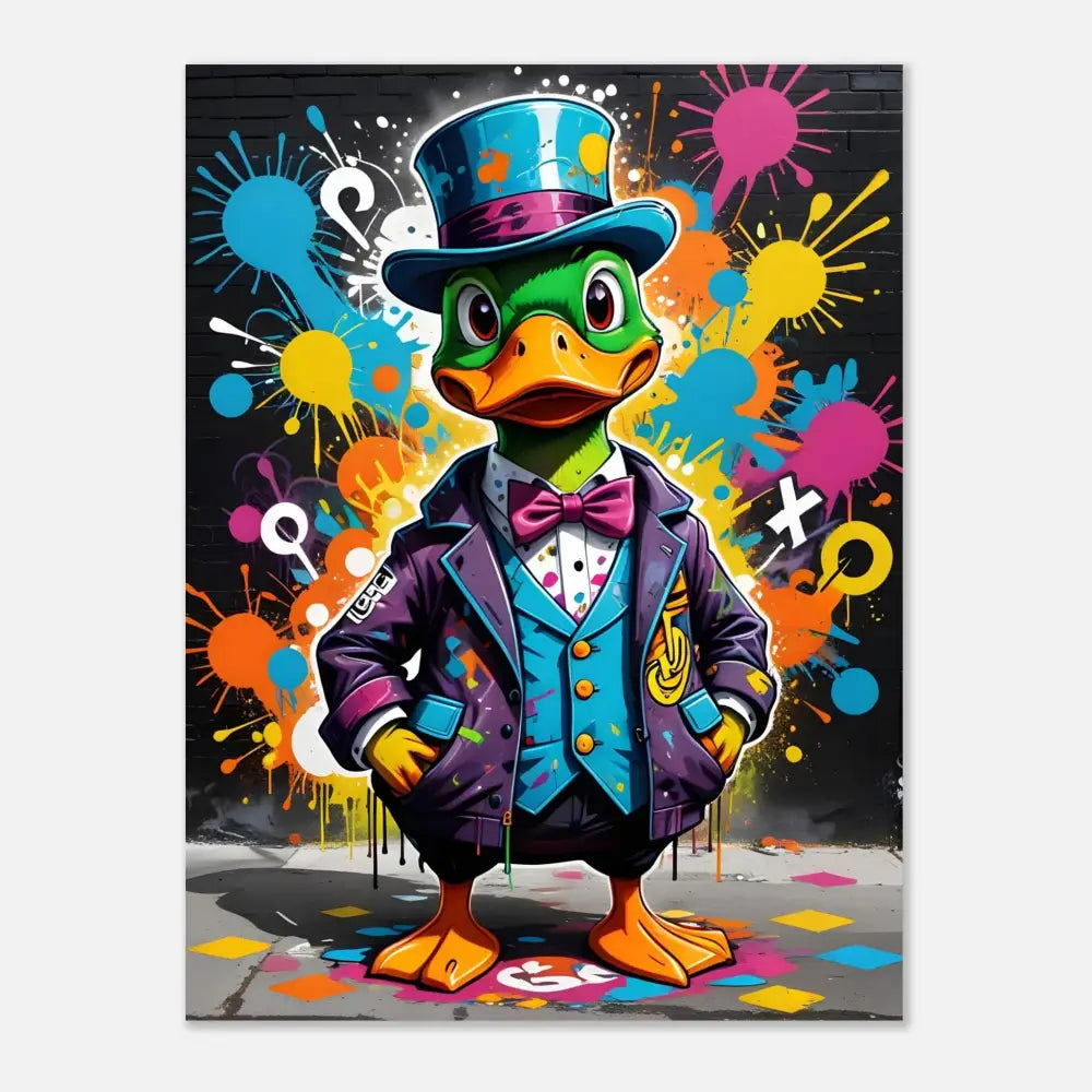 Dapper duck in a suit and top hat displayed on Aluminum Print Gangster Duck Swagger PixiOnyx