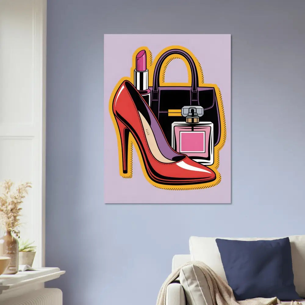 Pop art style glam slam brushed aluminum print featuring red high heel shoe and accessories