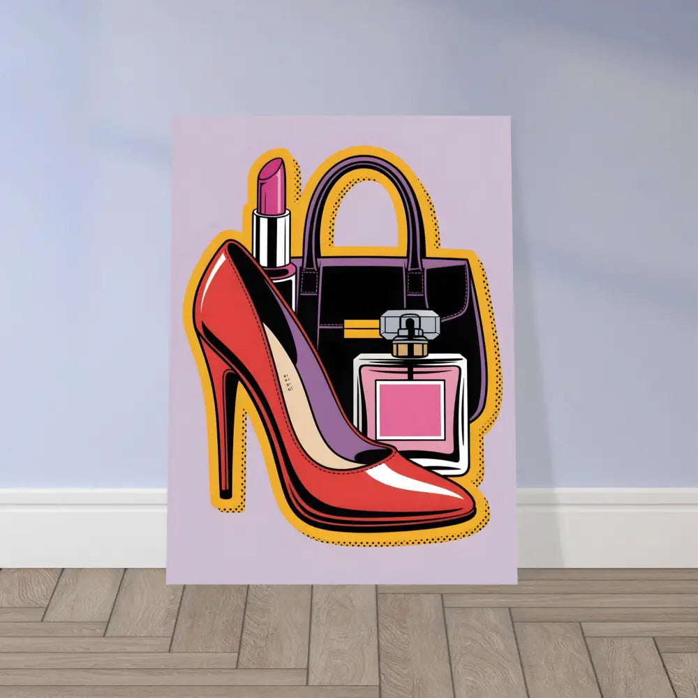 Vibrant glam slam brushed aluminum canvas print featuring high-heeled shoe and fashion accessories