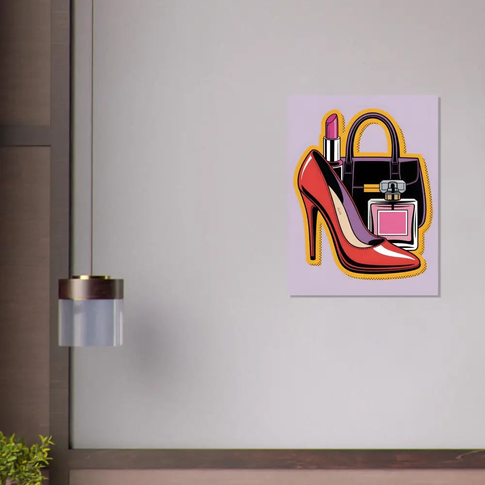 Red stiletto high heels with matching handbag and perfume bottle on Glam Slam brushed aluminum print