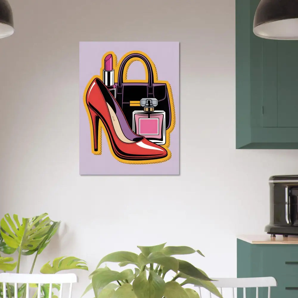 Glam Slam brushed aluminum print featuring pop art style fashion accessories including a red high heel, black handbag, lipstick, and perfume bottle