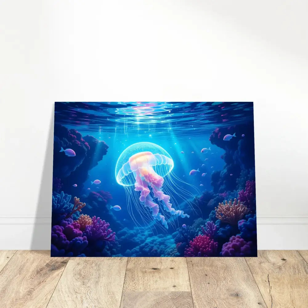 Underwater jellyfish canvas art on Aluminum Print Glowing Wanderer Cosmic Drift PixiOnyx Ocean Reverie
