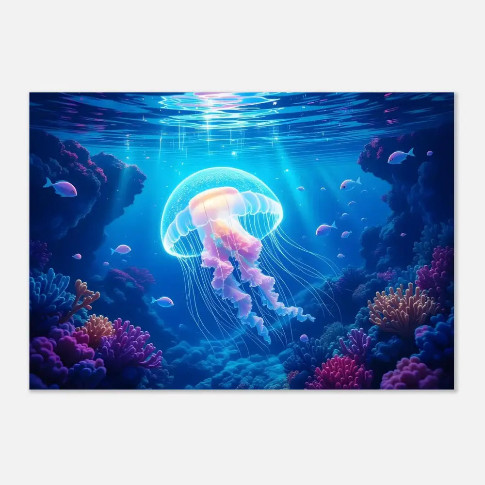 Glowing jellyfish in a coral reef displayed on Aluminum Print – Glowing Wanderer Cosmic Drift