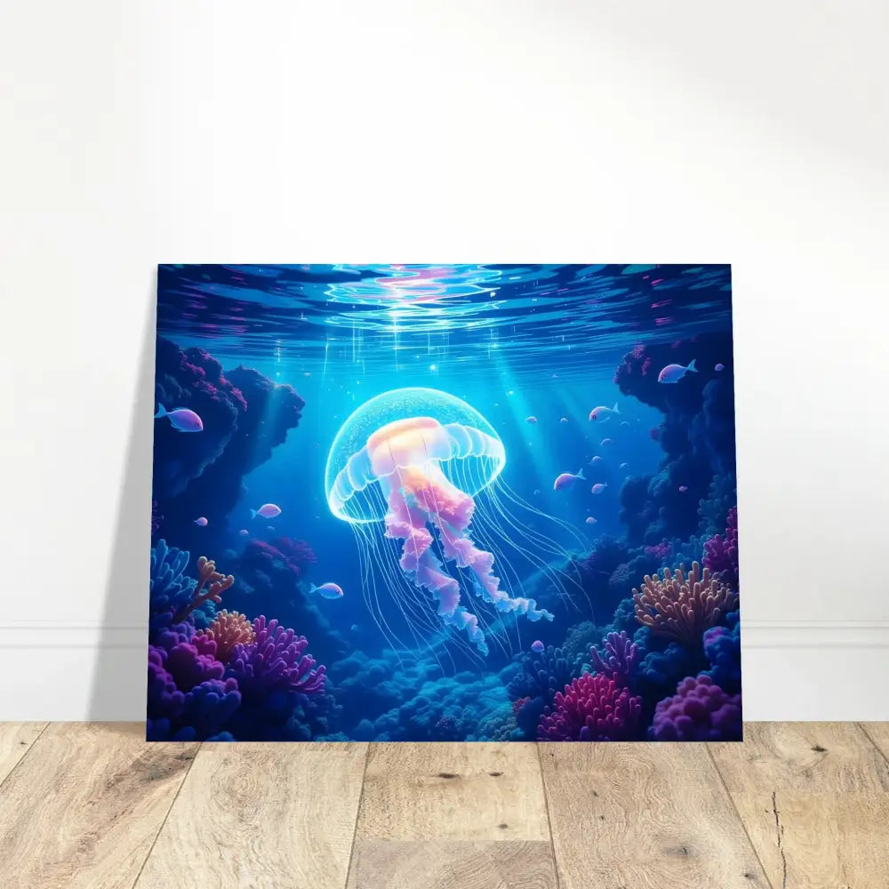 Underwater jellyfish canvas print featured on Aluminum Print Glowing Wanderer Cosmic Drift