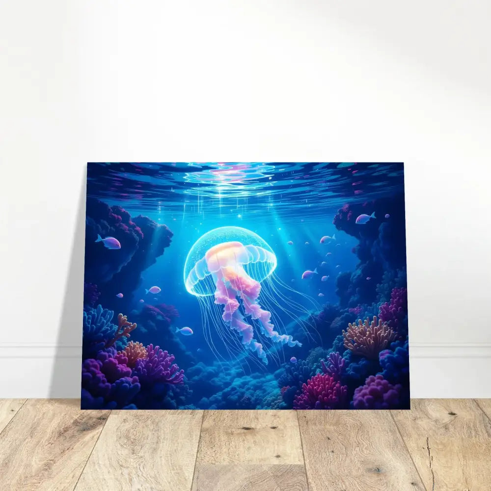 Underwater jellyfish canvas art displayed on Aluminum Print Glowing Wanderer Cosmic Drift