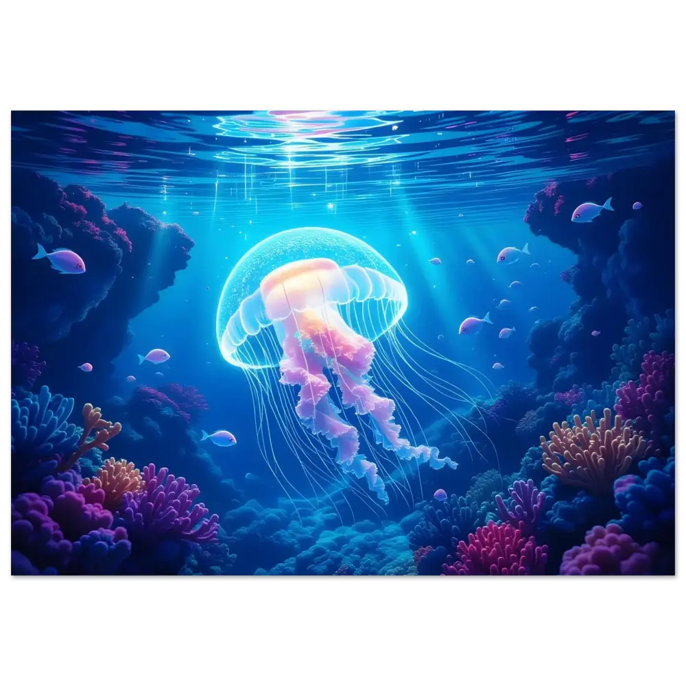Glowing jellyfish in coral reef on Aluminum Print Aluminm Print Glowing Wanderer Cosmic Drift