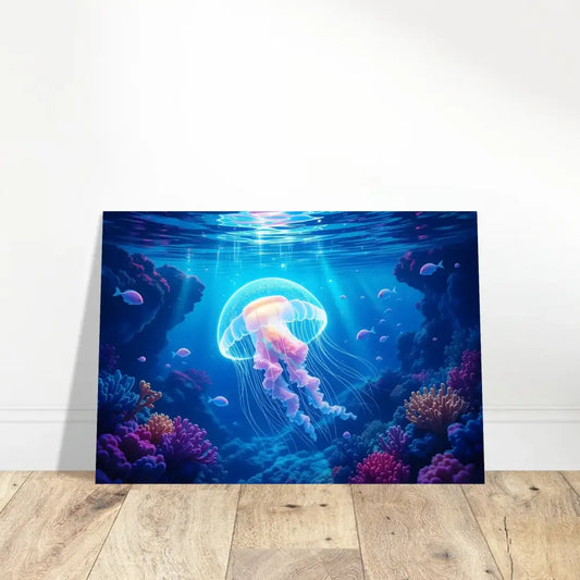 Underwater jellyfish canvas print on Aluminum Print Glowing Wanderer Cosmic Drift PixiOnyx Ocean Reverie