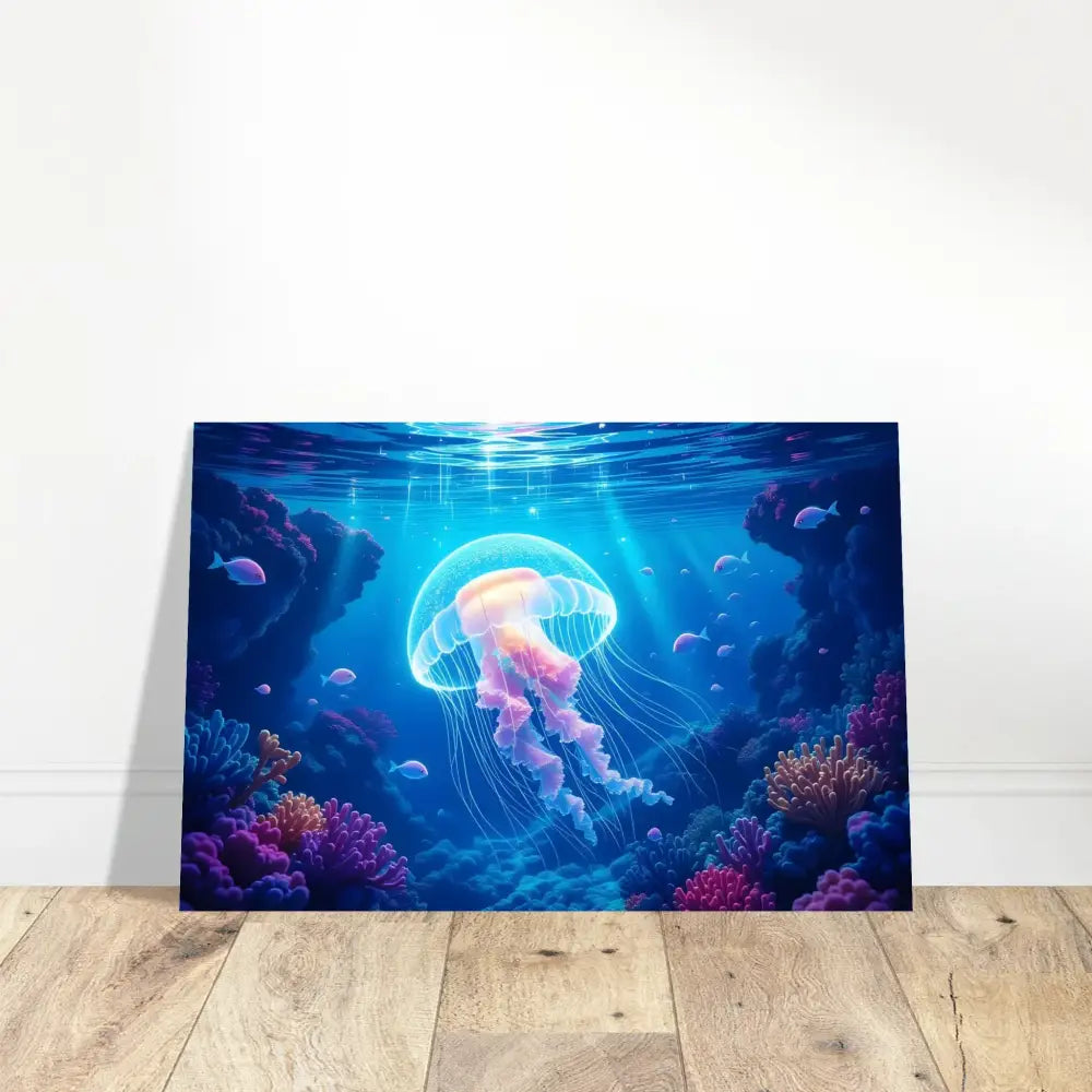 Underwater jellyfish canvas print on Aluminum Print Glowing Wanderer Cosmic Drift by PixiOnyx