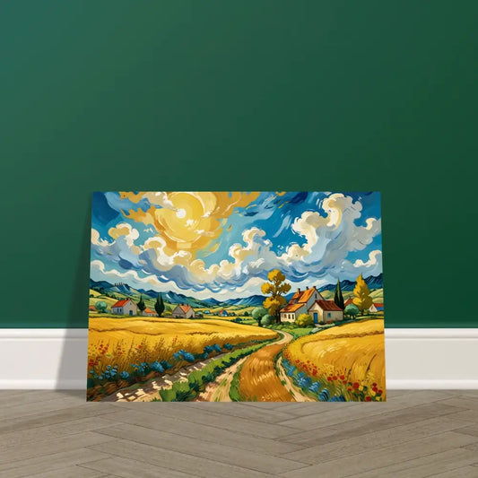 Vibrant landscape painting displayed as Aluminum Print Golden Fields Reverie by PixiOnyx