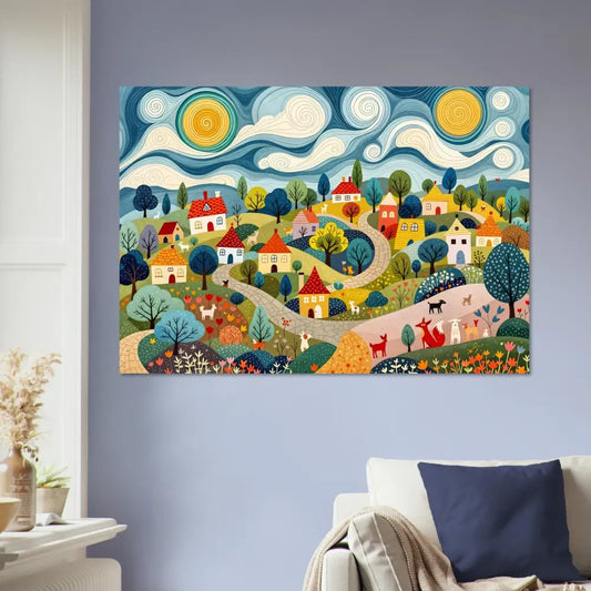 Colorful village landscape painting Aluminum Print Hillside Harmony PixiOnyx Shinecore Edition