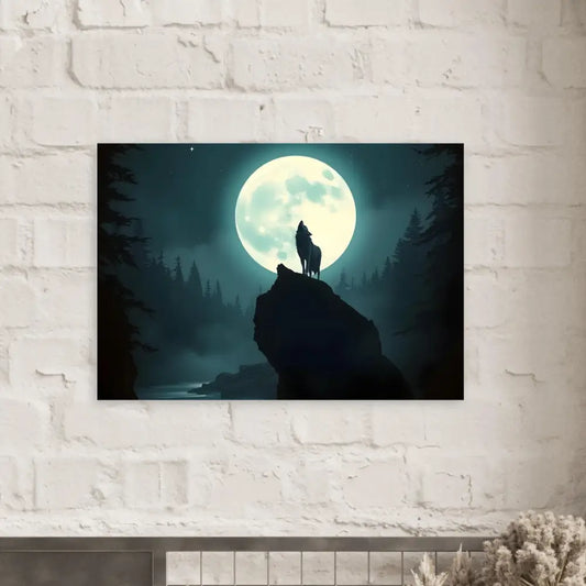 Aluminum print artwork of a wolf howling at the moon for PixiOnyx Lunar Reverie