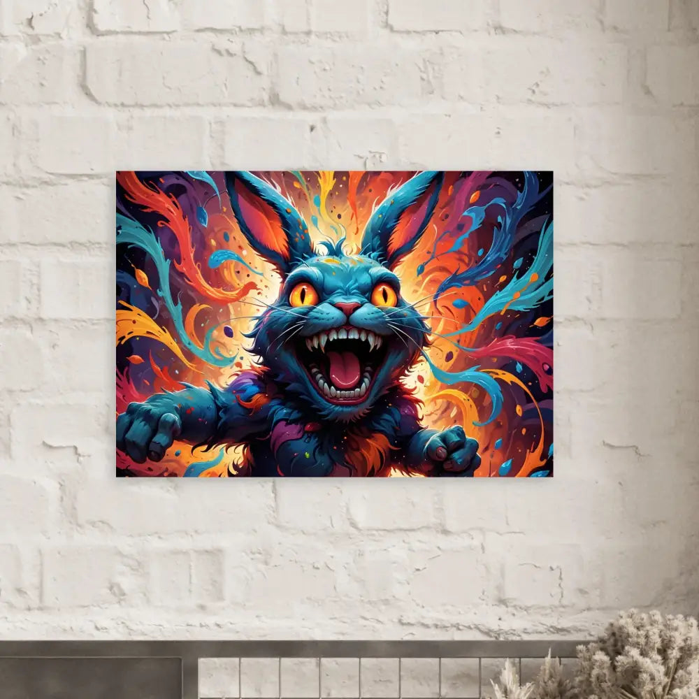 Colorful ferocious rabbit art on Aluminum Print Inferno Giggle by PixiOnyx Heatproof Havoc