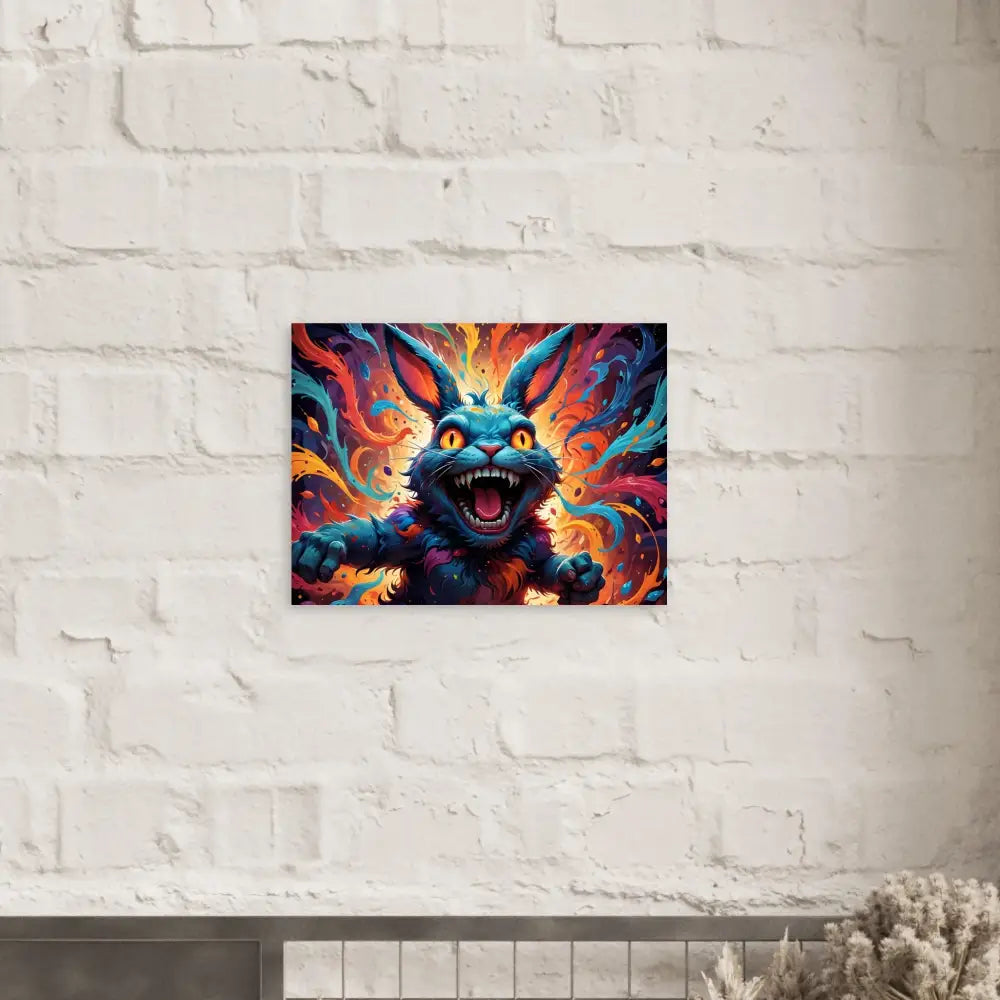 Colorful snarling rabbit art print on Aluminum Print Inferno Giggle Psycho Cottontail