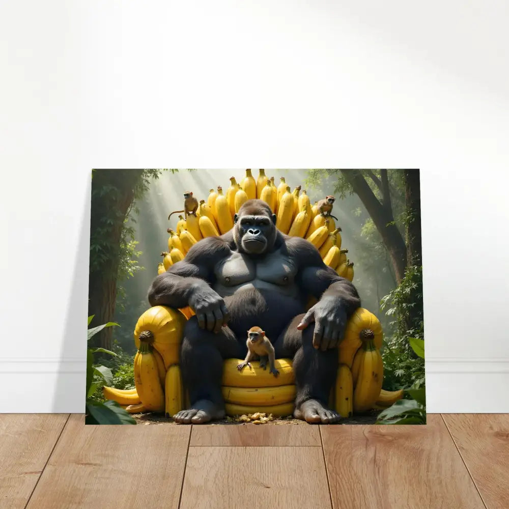 Aluminum print of Gorilla king sitting on Banana Throne symbolizing primate royalty