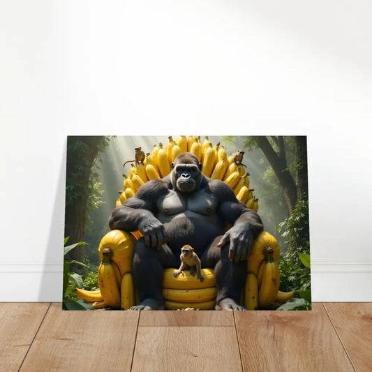 Aluminum print of Gorilla sitting on a banana throne representing King Kong’s royal throne