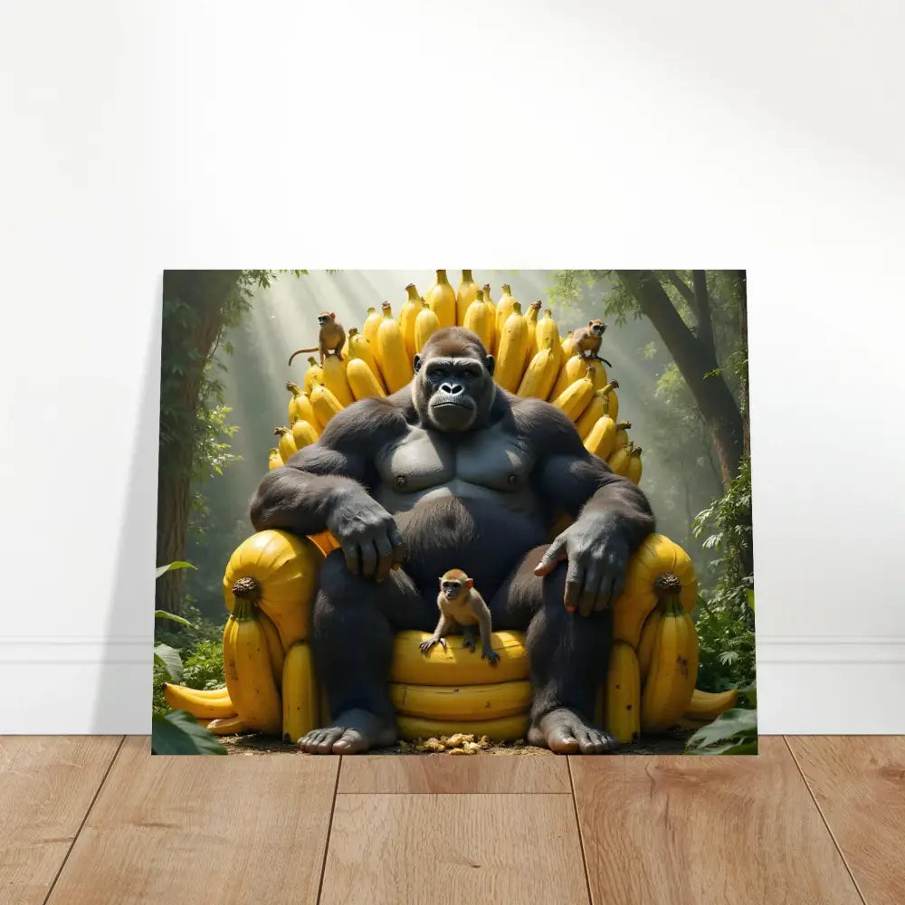 Gorilla sitting on a banana throne aluminum print titled King Kongs Banana Throne