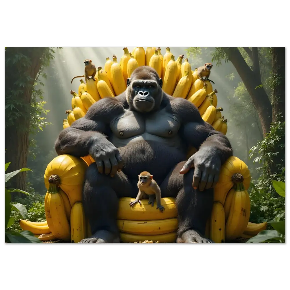 Gorilla sitting on a banana throne displayed as Aluminum Print for King Kong’s Banana Throne