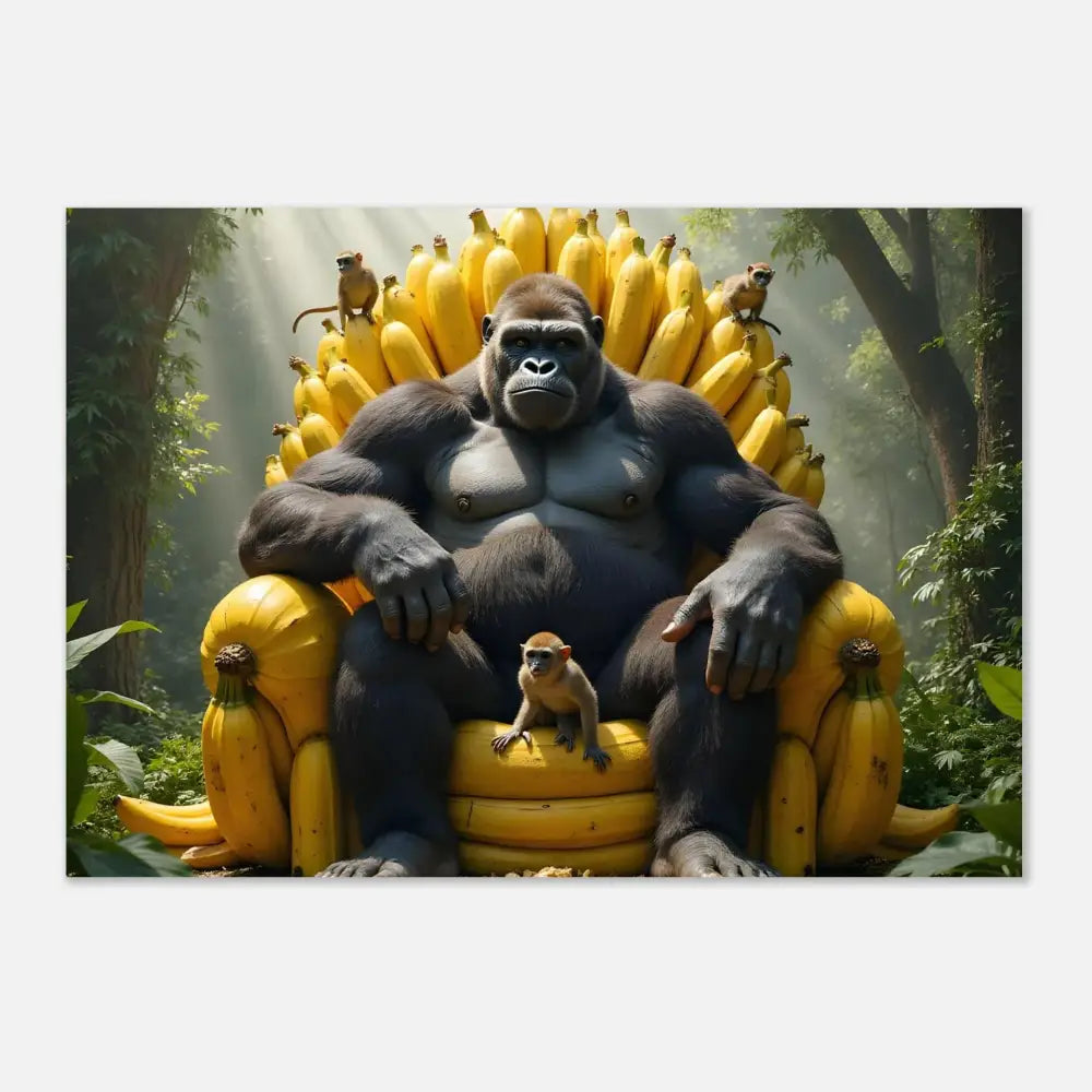 Aluminum print of Gorilla king sitting on Banana Throne symbolizing Primate Royalty