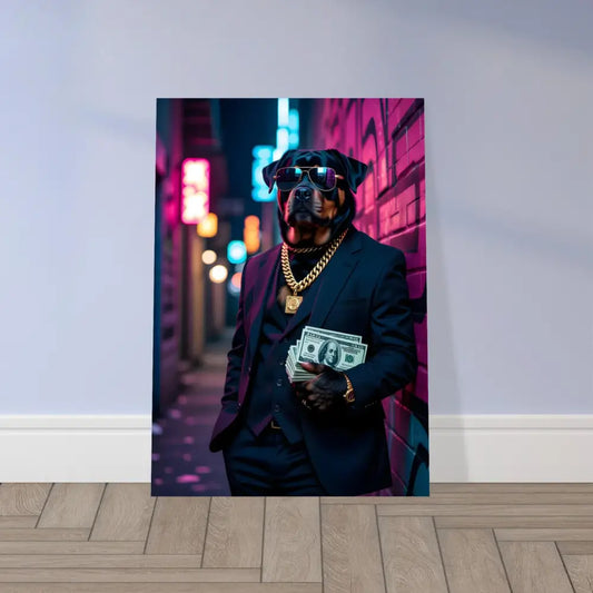 Rottweiler dressed in suit sunglasses gold chains holding cash for Aluminum Print Kingpin K9